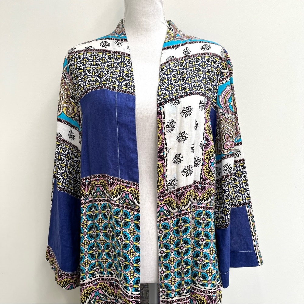 Chico's Patchwork Linen Long Kimono Duster Cardigan Topper Mixed Media Size 8/10 - Picture 4 of 13